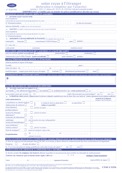 Cerfa 6201 Feuille De Soins Déclaration de soins reçus à l'étranger | Formulaire Cerfa | Documentissime